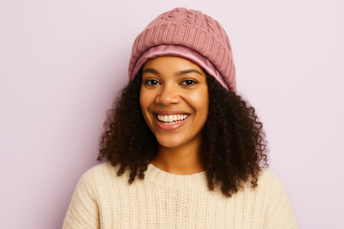 femme avec des cheveux bouclés qui porte un bonnet doublé en satin