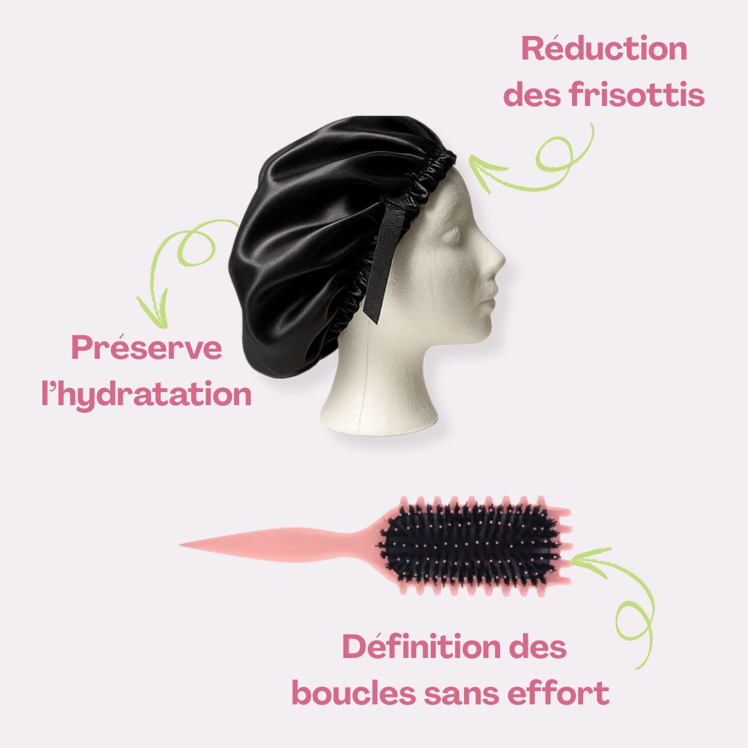 Bonnet en satin + Brosse Definissante des boucles