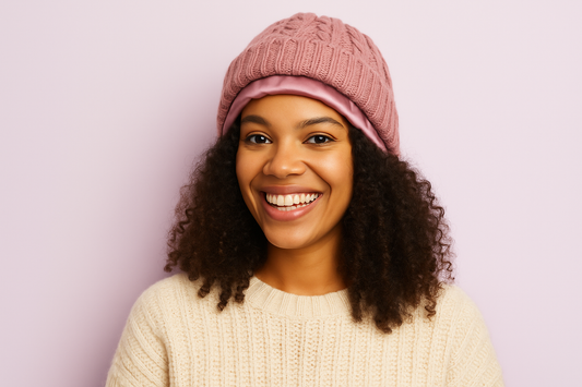 femme avec des cheveux bouclés qui porte un bonnet doublé en satin 