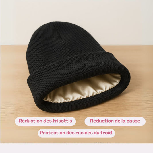 Bonnet satin d'hiver pour cheveux bouclés - doublé en satin - Anti-frisottis & frottements