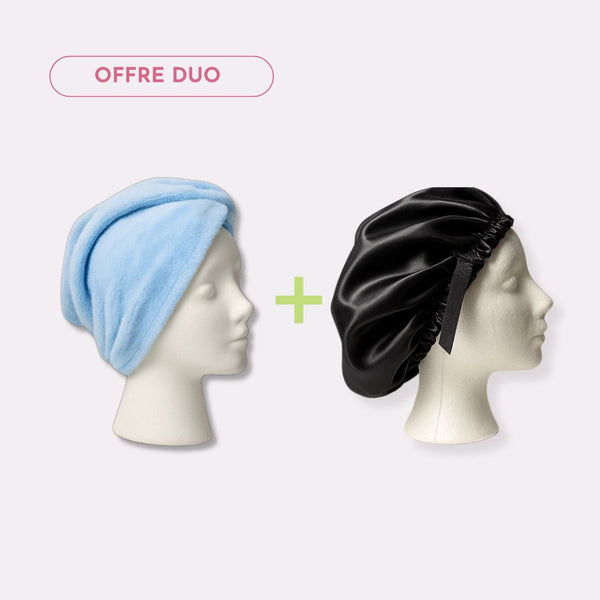 Duo soin capillaire : bonnet en satin réversible et ajustable + serviette en microfibre